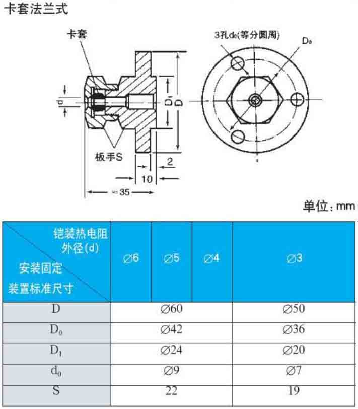 压簧式热电阻卡套法兰式安装尺寸图